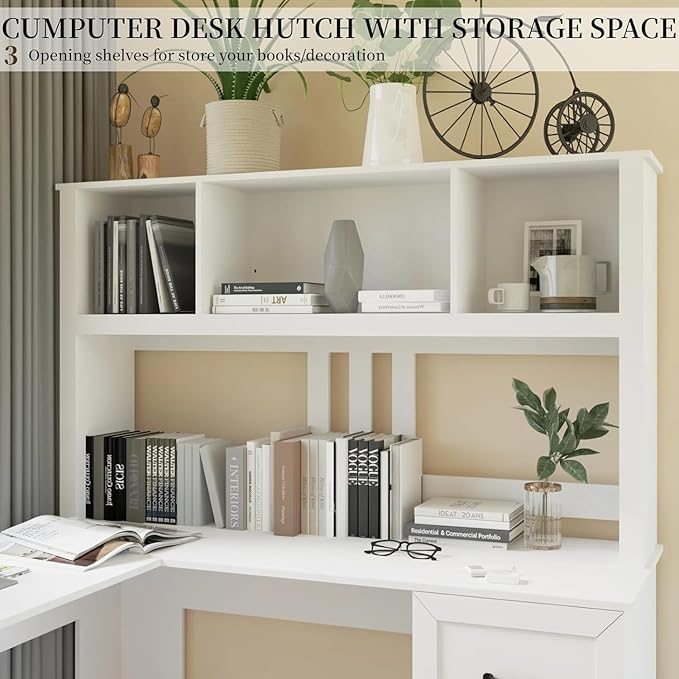 WERSMT Home Office Executive Desks with Drawer Modern Corner Desk with Hutch 60 Large Wood L Shaped Desks with Shelves &amp File Cabinet White