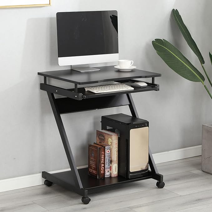 sogesfurniture Small Computer Desk on Wheels Mobile Computer Desk Small Rolling Work Workstation with Printer Shelf and Keyboard Space Computer Workstation for Home and OfficeBlack