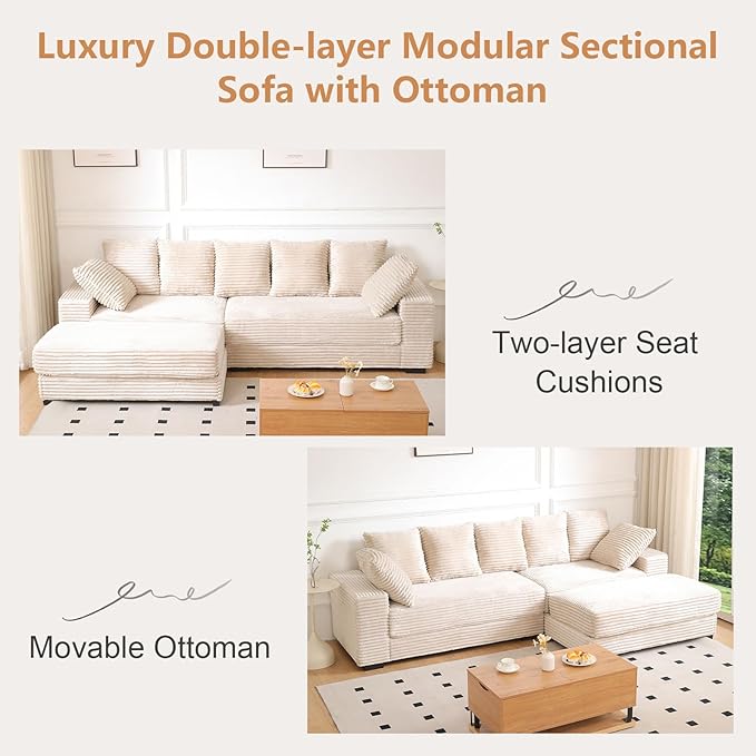 108.6 Corduroy Modular Sectional Sofa with Ottoman &amp Storage Modern Deep-Seat L-Shaped Sectional with 8 Pillows Cloud-Like Couch for Living Room Office &amp Apartment Beige