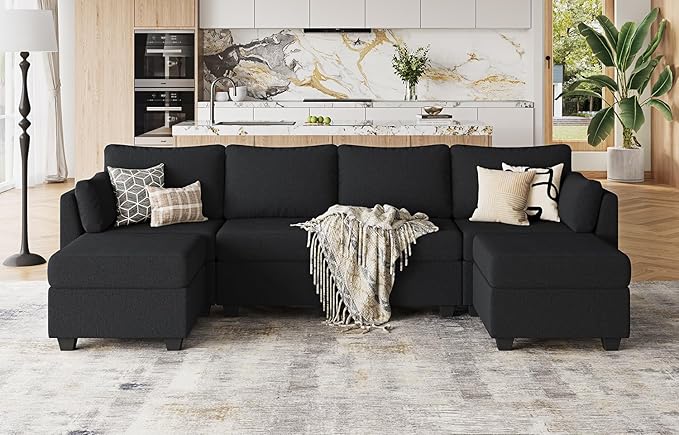 114.17 Modular Sectional Sofa 6 Seat Sectional Couches with Storage Memory Foam Convertible Modular Couch for Living Room U Shaped Comfy Modular Sofa with Chaise Black
