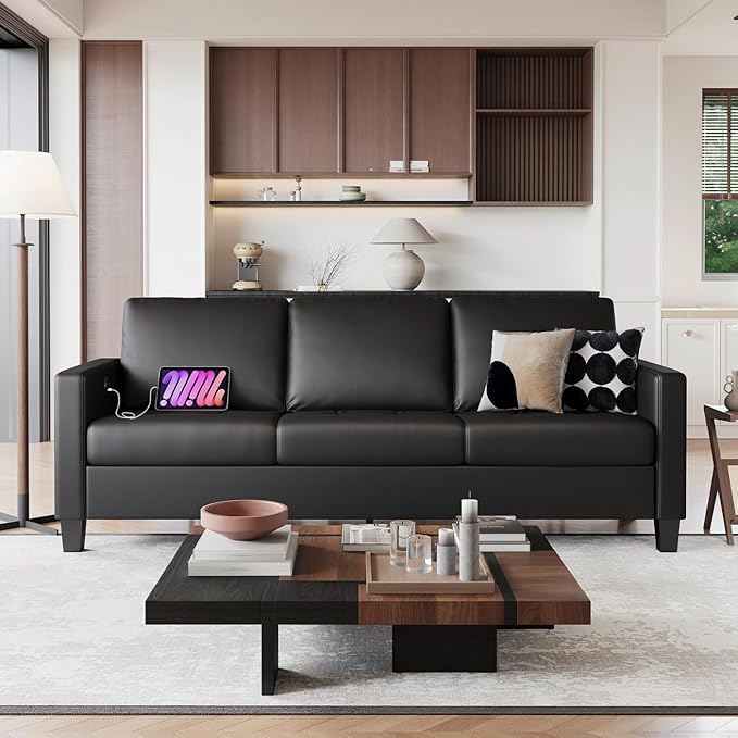 STHOUYN 73” Black Faux Leather Couch Modern Comfy Office 3 Seater Sofa Couch with Tufted Armrest and USB Small Love Seat Couches for Living Room Apartment Bedroom