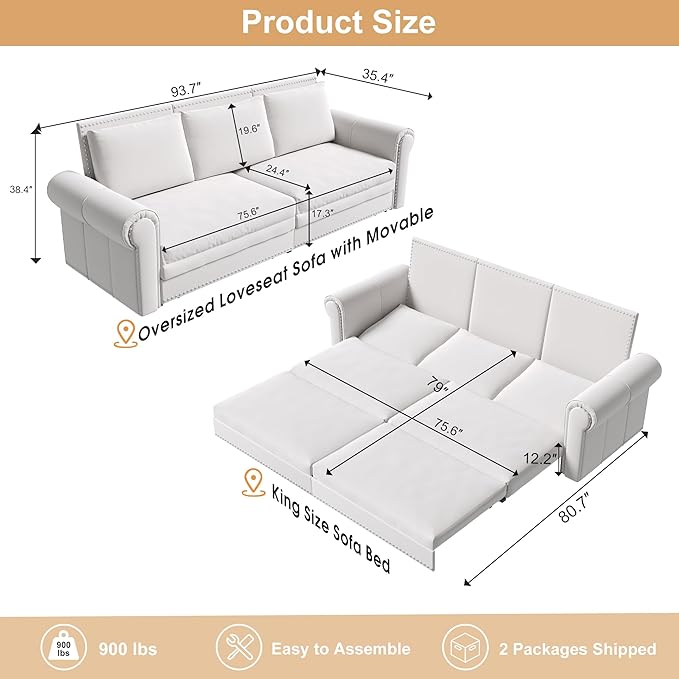 Oversized Sleeper Sofa Couch Convertible Sleeper Sofa Bed for Living Room Bedroom Classic 3-in-1 Pullout Couch Bed Chesterfield Style (Beige Without Ottoman)