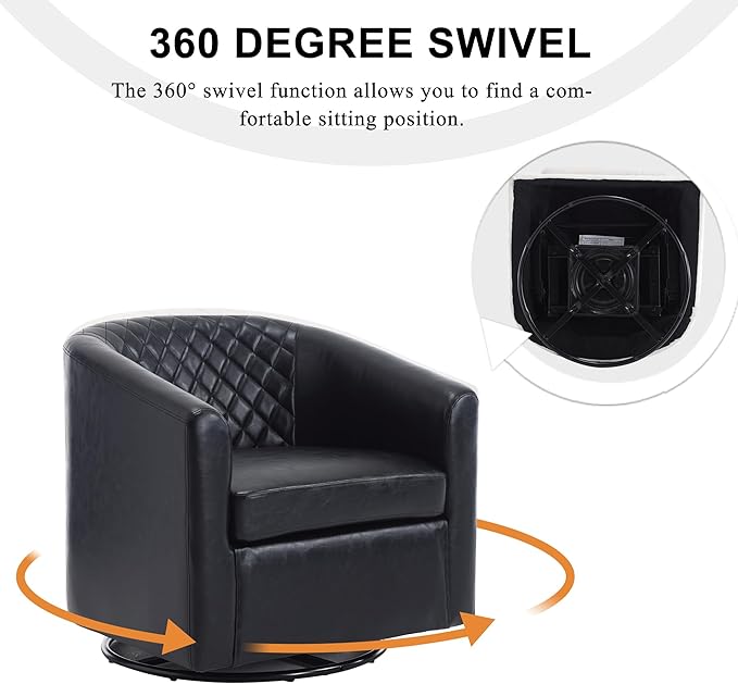 Swivel Gilder Modern Round Armchair 360 Swivel Leather Barrel Club Chair for Living Room Bedroom Office (Black)