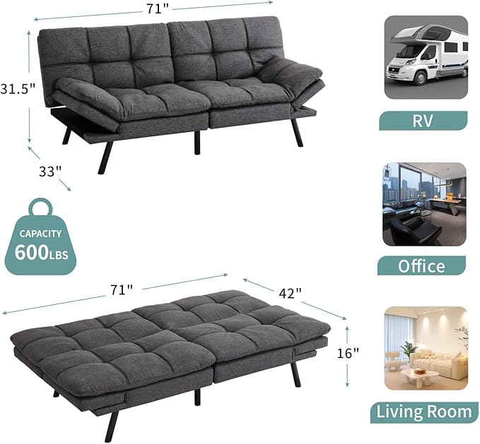 MUUEGM 71 Futon Sofa Bed with Memory FoamFuton Couch with Adjust Backrest and Armrest Couches Bed for Living RoomStudios Apartments Dormitories Offices and Game RoomsDeep Grey