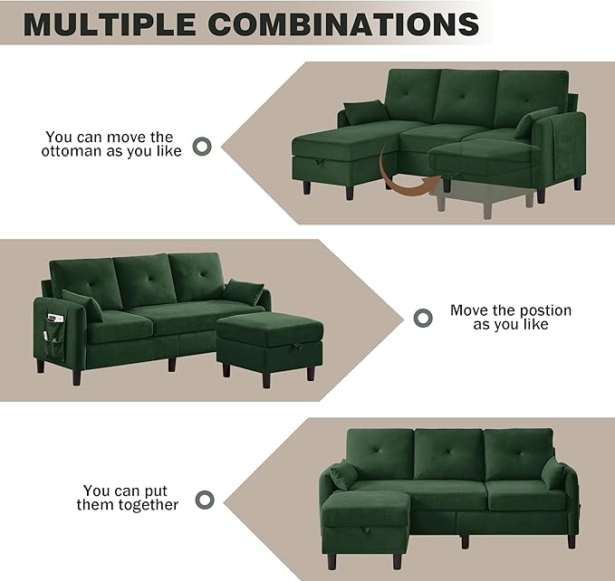 77 Convertible Sectional Sofa 3-Seat L Shaped Couch with Ottoman Modern Linen Upholstered Sofa Couches for Living Room Apartment and Small Spaces Green