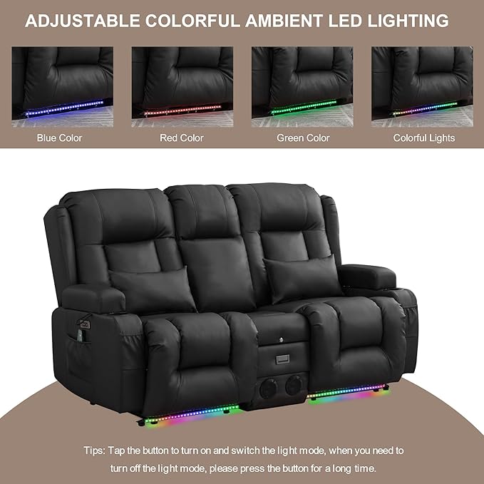 TUNYI Power Loveseat Recliner Sofa with Massage &amp Heat Home Theater Seating with Console RV Recliner Loveseat Sofa with USB/Storage/Side Pocket/LED Light/Speaker (Black Loveseat)