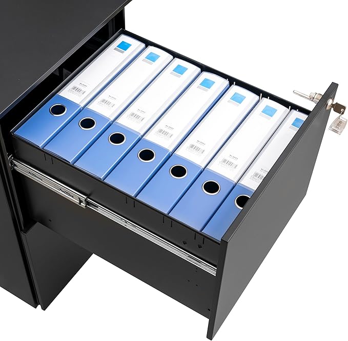 JULYFOX 2 Drawers Mobile File Cabinet W/Lock 27.2 inch Black Steel Filing Cabinet on Casters with 2 Keys Fully Extension Drawers Letter Legal A4 Size 300 lb Heavy Duty-Black