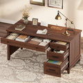 GarveeHome Executive Desk with Drawers Farmhouse Home Office Desk with Charging Station 53.54 in Wooden Computer Desk with File Cabinet Storage for Work Study WritingWalunt Brown