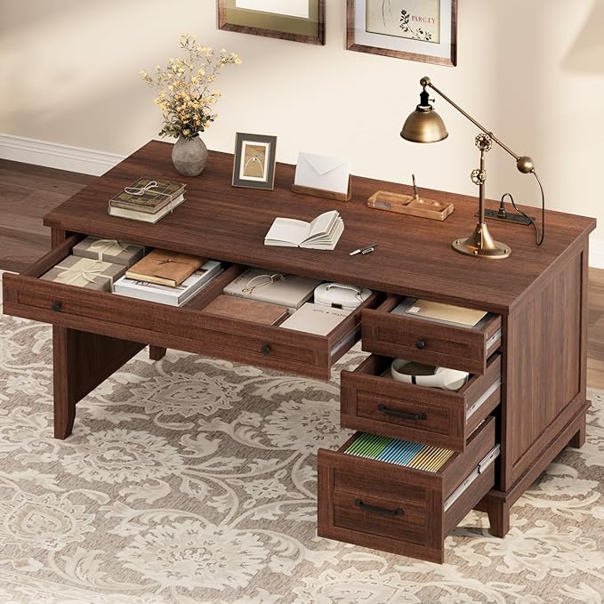 GarveeHome Executive Desk with Drawers Farmhouse Home Office Desk with Charging Station 53.54 in Wooden Computer Desk with File Cabinet Storage for Work Study WritingWalunt Brown
