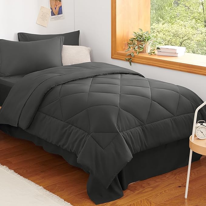 CozyLux Twin XL Comforter Set Dark Grey - 5 Pieces Twin Extra Long Bed in a Bag for College Dorm All Season Bedding Set for Girls and Boys Soft Bed Set with Comforter Sheets Pillowcase &amp Sham