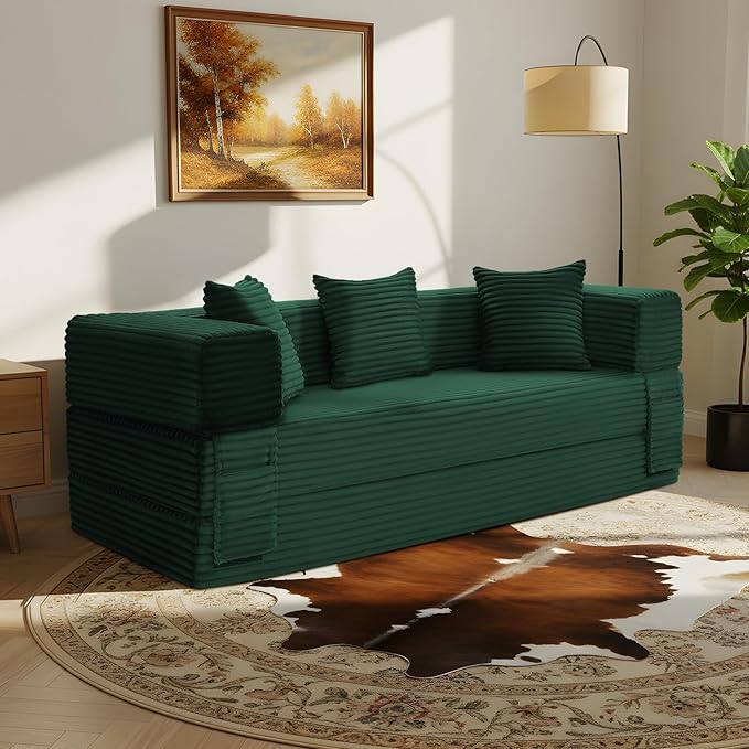 5-in-1 Folding Convertible Sofa Bed 78 Inch Corduroy Boneless Couch Loveseat Sleeper with Pull Out Bed Floor Sofa Modular Futon Couch for Living Room Small Place No Assembly Deep Green