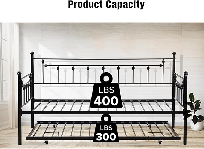 Convertible Modern Twin Size Metal Daybed Couch Pull Out Trundle Sofa Bed 2 in 1 Convertible Sleeper Daybed Sofa Bed Frame for Bedroom Living Room Guest Room Office Black One Size
