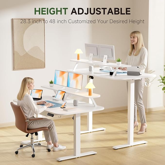 GTPLAYER Electric Standing Desk with Drawers 55 x 24 Inches Height Adjustable Computer Desk with Monitor Stand Laptop Stand Sit Stand up Desk with Memory Preset for Home Office White