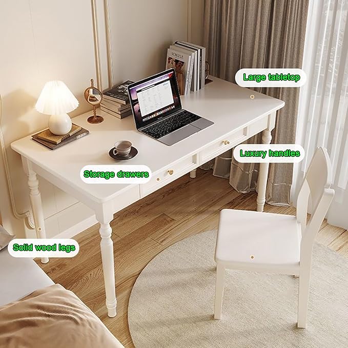 French Country Style Writing Desk35''Solid Wood Farmhouse Computer Table with DrawersSolid Wood Vanity Dressing Desk Simple Style for Home Office Study Bedroom (Beige 35in)