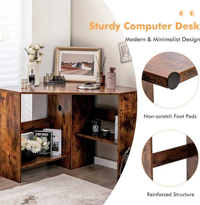 LDAILY Corner Desk Space Saving 90 Degree Triangle Computer Desk with Storage Shelves &amp Cable Holes Wood Compact Corner Writing Table for Small Spaces Home Office Bedroom &amp Living Room Co