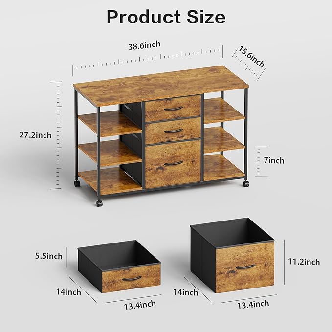Mobile File CabinetLateral Filing Cabinet with 3 Fabric DrawersRolling Printer Stand with 4 Open Storage Shelf for Home OfficeRustic Brown