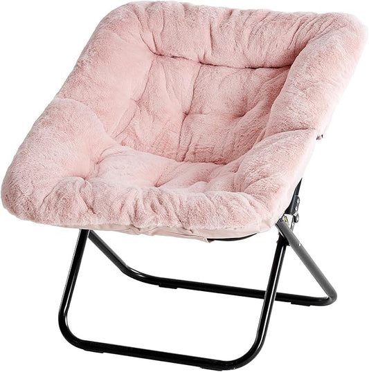 Simple Deluxe Oversized Square Moon Chair for Adults Soft Faux Fur Folding Lounge Chair with Sturdy Steel Frame Comfortable Reading Gaming Chair for Living Room Bedroom Pink