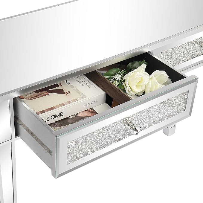 Karl home Mirrored Desk with 2 Drawers Silver Console Table Mirror Sofa Table with Crystal Inlay Front for Living Room Entryway Foyer 42 Inch