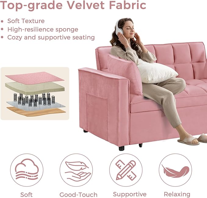 ANJ 3 in 1 Convertible Sofa Bed Pull Out Futon Loveseat Sleeper Sofa Couch with Adjustable Backrest Storage Pockets 2 Pillows for Living Room Bedroom