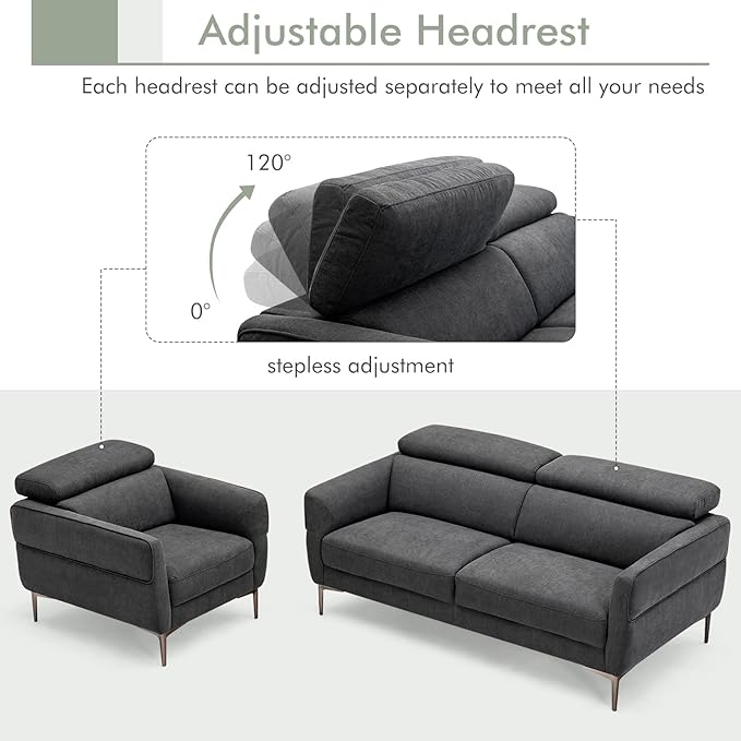 Giantex Sofa Couch and Accent Chairs Set Adjustable Headrest Comfortable Upholstery Cushion Easy Assembly 2-Seat Loveseat and Single Sofa for Living Room Reception Room Apartment Gray