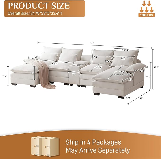124 Oversized U Shaped Cloud Couch Modular Sectional Couches for Living Room Comfy Chenille Deep Seat Sofa Set with Double Chaise Lounge Storage Central Console Cup Holders USB Port Beige