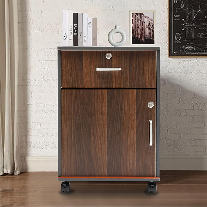 2-Tier Mobile File Cabinet Under Desk Metal Filing Cabinet Modern Small Vertical Rolling Filing Cabinets with Lock and 1-Drawer for Home Office