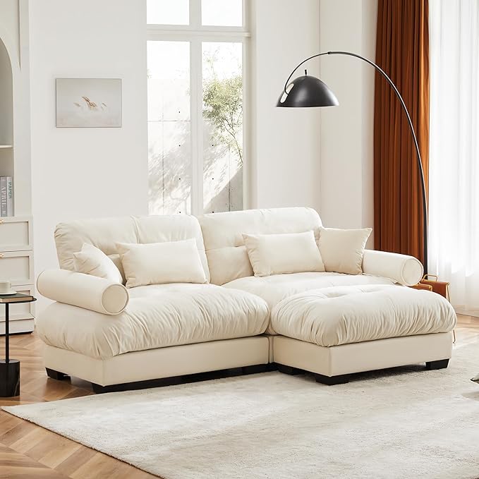 94 Modular Sectional SofaVelvet Upholstered Couches for Living Room3 Seater Beige Sofa Couch with Movable OttomanBig Comfy Loveseat Sofa with Deep Seats for Living RoomApartmentBedroom