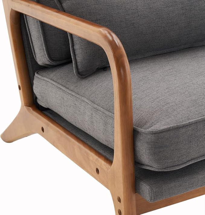 Accent Chair Mid-Century Linen Fabric Upholstered Leisure Armchair with Lumbar Pillow and Solid Wood Legs Comfy Single Sofa Chair Reading Chair for Living Room Bedroom Office Dark Grey