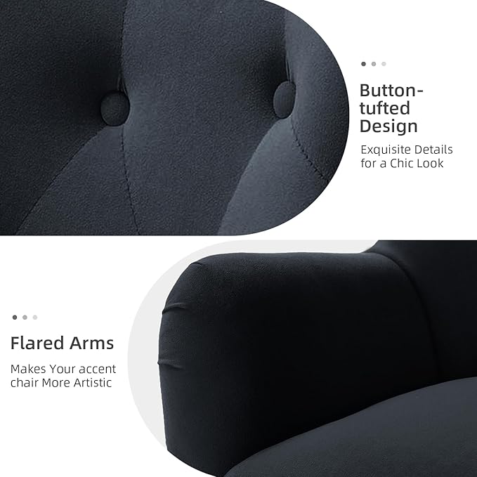 HULALA HOME Velvet Accent Chair Set of 2 Modern Wingback Arm Chair with Metal Gold Legs Velvet Tufted Upholstered for Living Room Bedroom(Black)