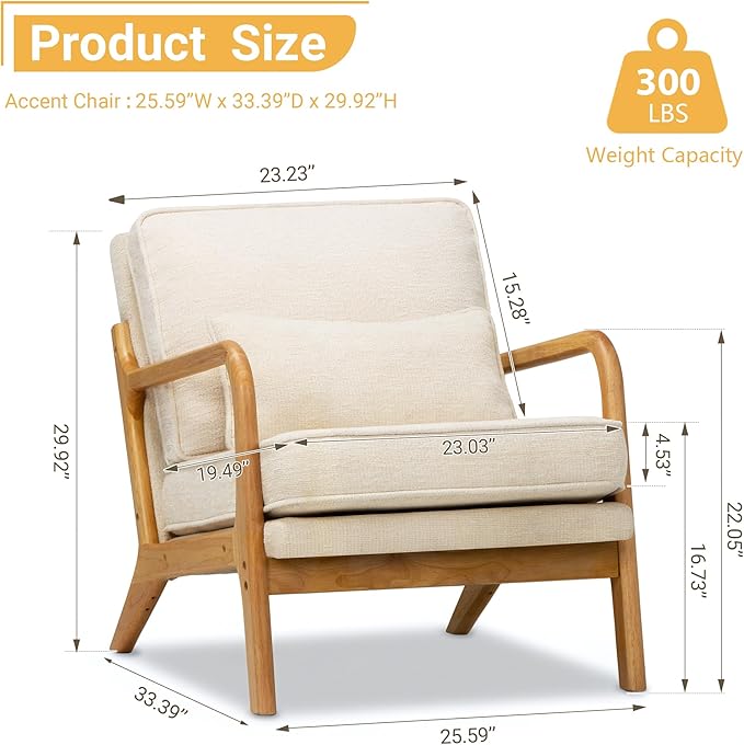 Modern Accent Chair Mid Century Wooden Upholstered Armchair with Lumbar Pillow &amp Removable Soft Cushion Reading Chair for Living Room Bedroom BalconyCoffee(Beige/Blue/Green/Grey)