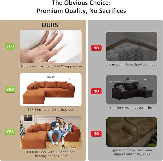 108 Cloud Sectional Couch with L-Shape Chaise Boneless Couch 4 Seat Modern Modular Sofa Deep Seat Pillows Memory Foam Upholstered Couches for Living Room Bedroom Relaxation Teddy Fabric