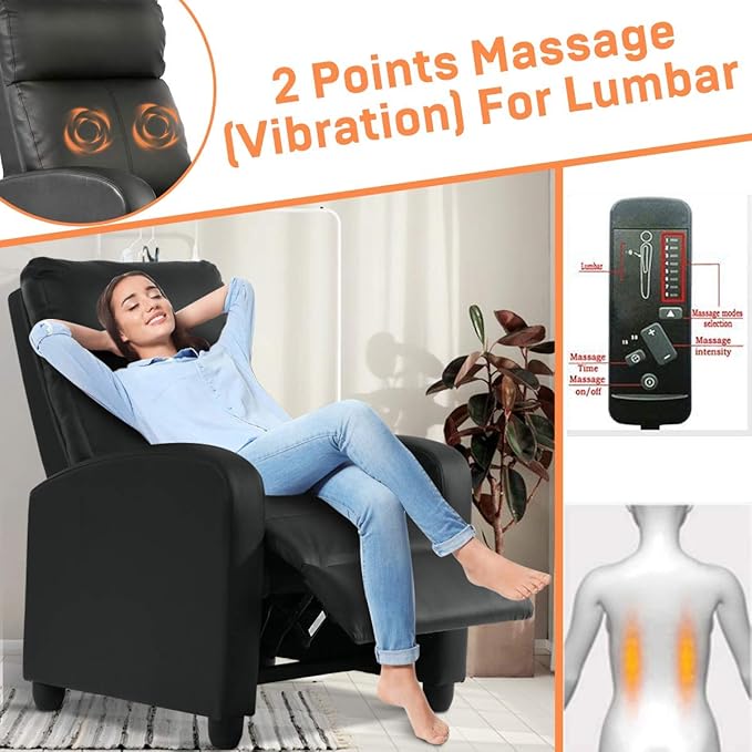 Home Recliner Chair Massage Single Sofa Wingback Recliner Sofa Reading Chair Modern Reclining Chair Home Theater Seating Modern Reclining Easy Lounge with Padded Seat Backrest Black