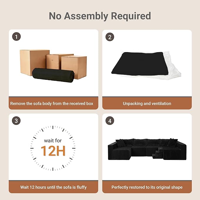 128 U-Shaped Boneless Couch Modern Sectional Modular Couch with Double Chaise Deep Seat Boneless Couches for Living Room Bedroom No Assembly Required Blck