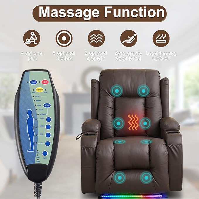 Power Recliner Chair PU Leather Home Theater Seating Chair for Adults with Massage &amp Heat Comfy Single Reclining Sofa Chair for Living Room with USB Port/Led Light/Cup Holder (Brown)