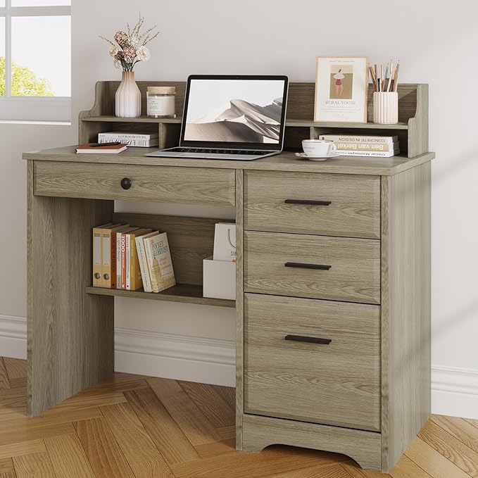 4 EVER WINNER Computer Desk with Drawers Small Desk with Monitor Stand and File Drawer Wood Desk with Storage Writing Desk for Bedroom Home Offic Grey