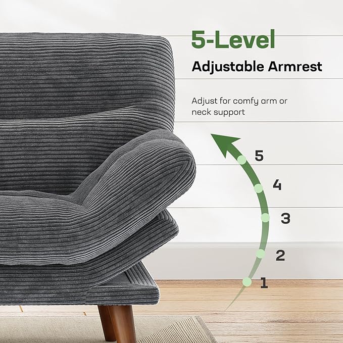 Marsail Futon Sofa Bed 66” Futon Couch with Adjustable Backrest &amp Armrests Convertible Small Sleeper Sofa Bed for Small Apartments Study Room Office Corduroy Loveseat Charcoal Gray