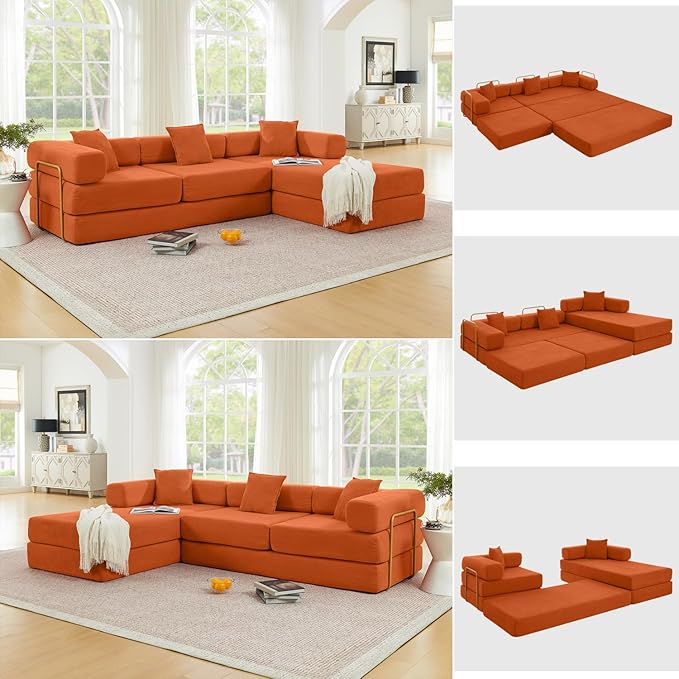 108 Modular Sectional SofaFuton Convertible Sofa BedOversized Corduroy Boneless Couch for Living RoomFloor Loveseat Sleeper with Pull Out BedFree CombinationNo Assembly Required (Orange)