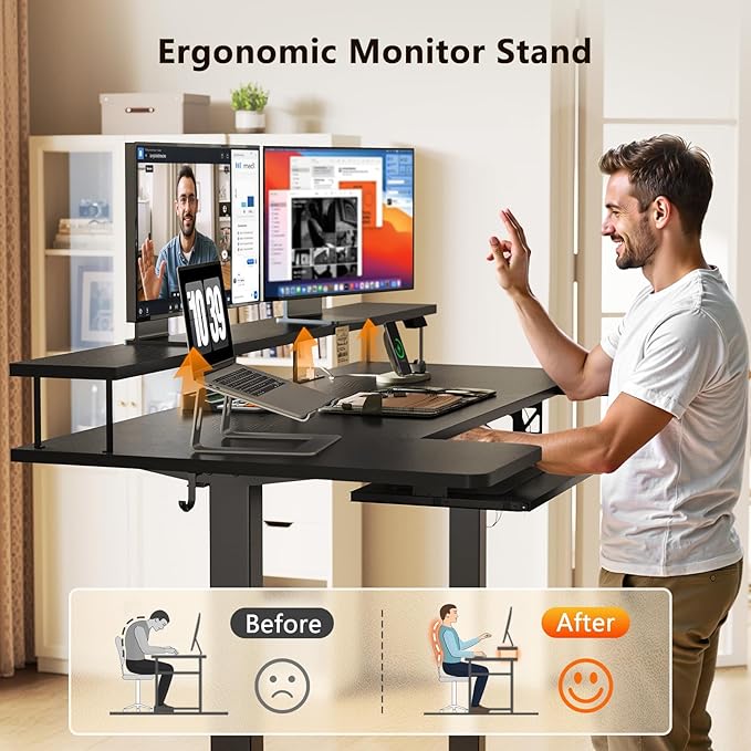 OffiGo U Shaped Electric Standing Desk with Keyboard Tray 55 Inch Height Adjustable Desk with Power Outlets &amp LED Lights Sit Stand Table with Monitor Stand for Home Office Black