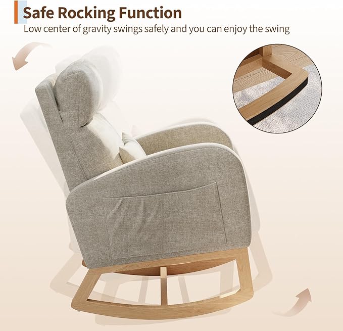 GarveeHome Linen Rocking Chair Modern Nursery Glider Chair with Side Pockets and Pillow Rocker Chair for Living Room Bedroom Nursing Room Grey