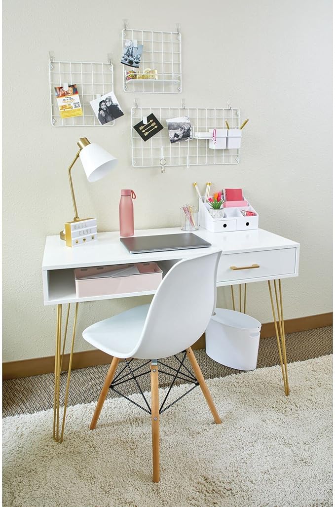 mDesign Metal/Wood Modern Minimalist Computer Desk - Computer Table with Drawer with Storage Cubby and Hairpin Legs - Small Work Desk for Home Office Study - White/Soft Brass