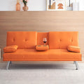Modern Futon Sofa Bed 67 Inch Leather Convertible Futon Couch Loveseat Sleeper for Small SpacesComfy Folding Recliner Couches for Living Room Adjustable Backrest2 Cup HoldersMetal Legs (ORANGE)