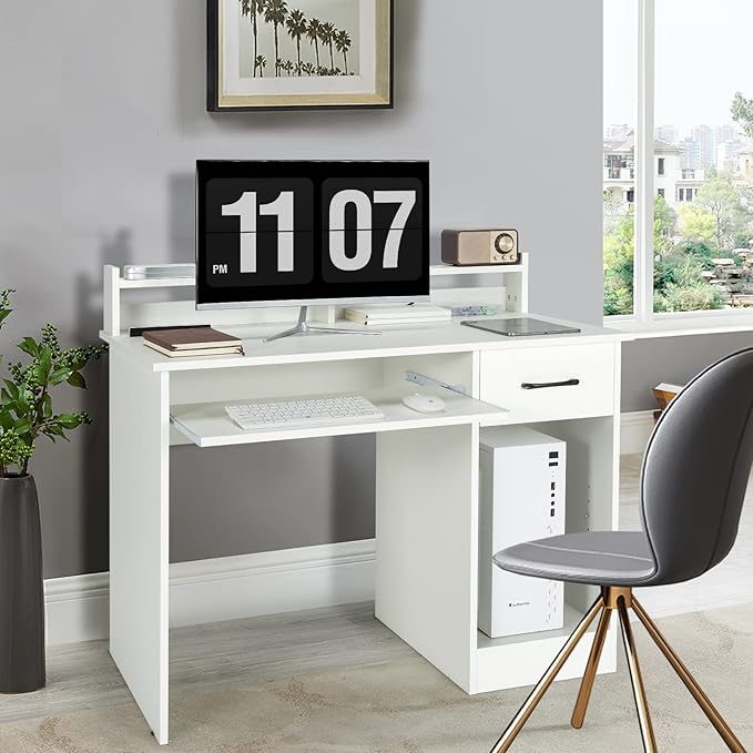 COSTWAY Computer Desk with Hutch Home Office Desk with Drawer Adjustable Shelf &amp Keyboard Tray Study Writing Desk Executive Workstation for Living Room Bedroom &amp Study (White)