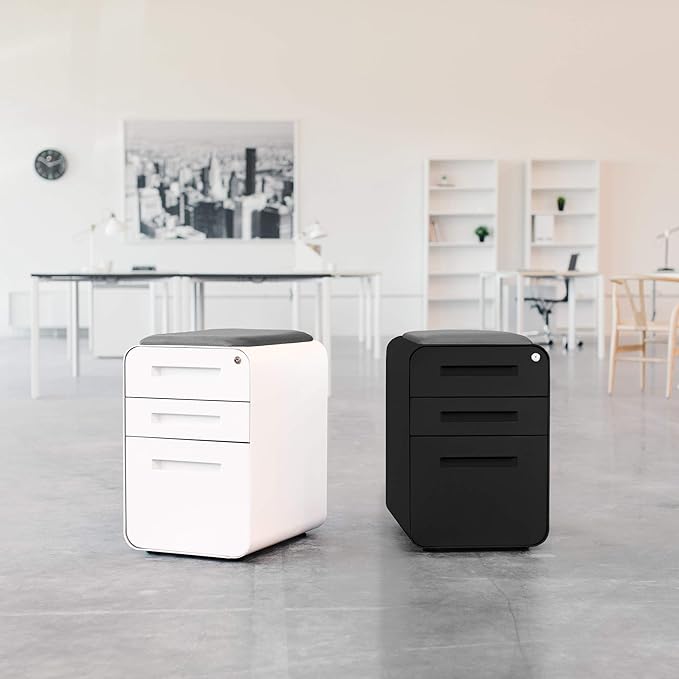 Laura Davidson Furniture STOCKPILE Curve Seated 3-Drawer Mobile File Cabinet with Removable Magnetic Cushion Seat - Metal Filing Cabinet Pre-Assembled White with Dark Grey Cushion