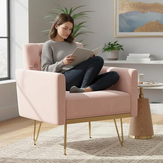 KEIKI Small Velvet Accent Chair 31 Inch Modern Tufted Upholstered Armchair with Metal Leg Comfortable Single Sofa Side Reading Chairs Comfy Arm Chair for Bedroom Living Room Easy Assembly Pink