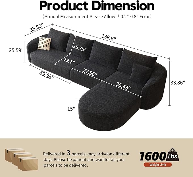 138.6 L Shaped Modern Modular Sectional Curved Back Sofa Minimalist Style Comfy Cloud Couch for Living Room Apartment No Assembly Required Boneless Couches (BlackRight Facing Chaise)