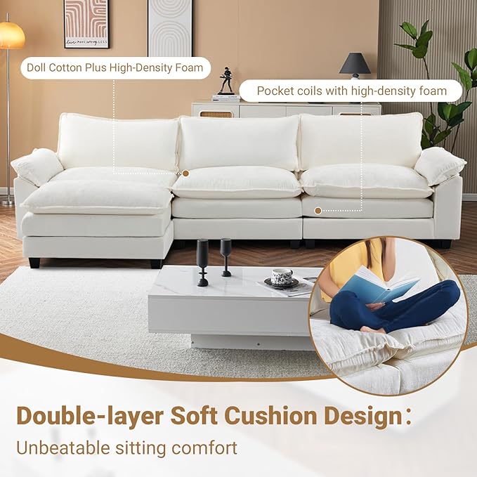 VINGLI Convertible Modular Sectional Sofa for Living Room with Deep Seat &amp Movable 2-Layer Ottoman L-Shape Cloud Sofa Bed with Chaise &amp Armrests Oversized 3-Seater Sleeper Couch Chenille C