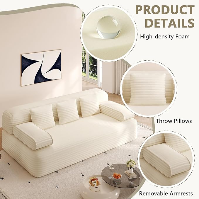 79'' Convertible Sofa Bed Queen with Super Wide Arms Boneless Foldable Couch Bed with 3 Pillows for Adults Corduroy Folding 3 Seater Sofabed with Comfortable Seat for Living Room Bedroom (Beige)