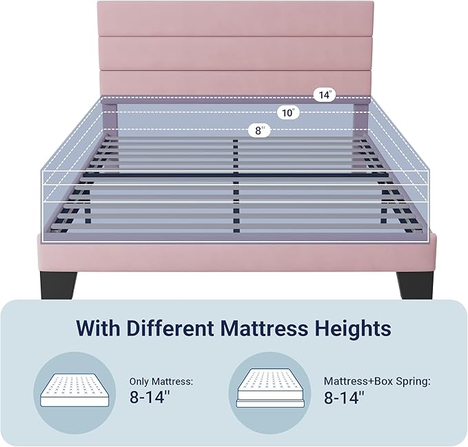Allewie Full Size Platform Bed Frame with Velvet Upholstered Headboard and Wooden Slats Support Fully Upholstered Mattress Foundation/No Box Spring Needed/Easy Assembly Pink