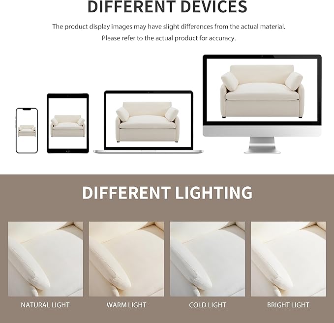 50*43 Oversized Chenille Single Sofa Chair Wide and Deep Seat Accent Chair Modern Upholstered Comfy Armchair Color Blocking Couch Lounge with Pillows for Living Room Apartment Bedroom Cream