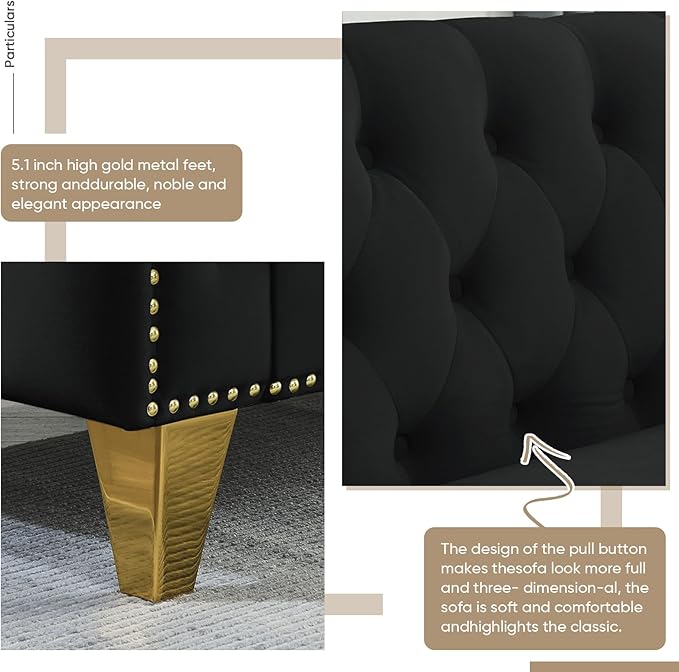 Antetek Comfy Upholstered Couches for Living Room 58-inch Modern Button Tufted Loveseat Sofa w/Square Arm 4 Golden Metal Legs and Gold Nail Heads for Living Room Office Apartment Black